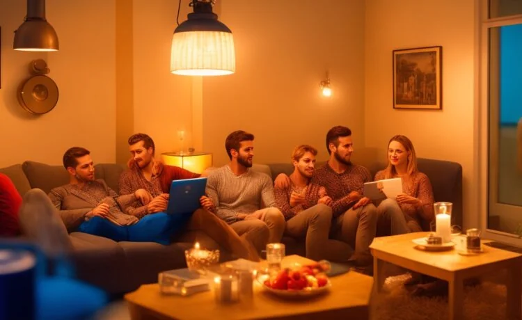 Ein warm beleuchtetes, modernes Wohnzimmer mit entspanntem jungen Menschen, der konzentriert mit Kopfhörern Musik über ein Smartphone streamt, umgeben von natürlichem Tageslicht und einem einladenden Ambiente voller technischer Geräte und gemütlicher Details.