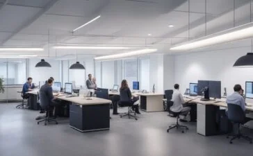 Ein hell erleuchtetes, modernes Entwicklerbüro mit freundlichen Menschen, die konzentriert an Laptops arbeiten, lebendige Gespräche führen und innovative Softwarelösungen skizzieren – strahlende Tageslichtstimmung mit warmen Holztönen, klaren Linien und einer inspirierenden Atmosphäre, die Fortschritt und kreative Zusammenarbeit in der Webentwicklung verkörpert.