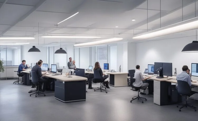 Ein hell erleuchtetes, modernes Entwicklerbüro mit freundlichen Menschen, die konzentriert an Laptops arbeiten, lebendige Gespräche führen und innovative Softwarelösungen skizzieren – strahlende Tageslichtstimmung mit warmen Holztönen, klaren Linien und einer inspirierenden Atmosphäre, die Fortschritt und kreative Zusammenarbeit in der Webentwicklung verkörpert.