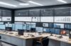 Ein hell beleuchtetes, modernes IT-Büro mit fokusierten Fachleuten vor großen Bildschirmen, die Netzwerkanalysen und Cloud-Dashboards im warmen Tageslicht diskutieren und so aktives Krisenmanagement und technische Souveränität in digitalen Infrastrukturen verkörpern.