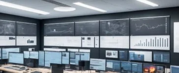 Ein hell beleuchtetes, modernes IT-Büro mit fokusierten Fachleuten vor großen Bildschirmen, die Netzwerkanalysen und Cloud-Dashboards im warmen Tageslicht diskutieren und so aktives Krisenmanagement und technische Souveränität in digitalen Infrastrukturen verkörpern.