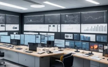 Ein hell beleuchtetes, modernes IT-Büro mit fokusierten Fachleuten vor großen Bildschirmen, die Netzwerkanalysen und Cloud-Dashboards im warmen Tageslicht diskutieren und so aktives Krisenmanagement und technische Souveränität in digitalen Infrastrukturen verkörpern.