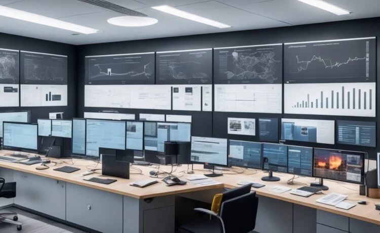 Ein hell beleuchtetes, modernes IT-Büro mit fokusierten Fachleuten vor großen Bildschirmen, die Netzwerkanalysen und Cloud-Dashboards im warmen Tageslicht diskutieren und so aktives Krisenmanagement und technische Souveränität in digitalen Infrastrukturen verkörpern.