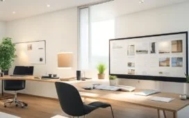 Ein lichtdurchflutetes, modernes Büro mit einem fokussierten Webdesigner, der vor mehreren großformatigen Bildschirmen voller klar strukturierter, responsiver Webseiten arbeitet, umgeben von warmen Holzmöbeln und sanftem Tageslicht, das eine Atmosphäre von Innovation, Präzision und technischer Meisterschaft schafft.
