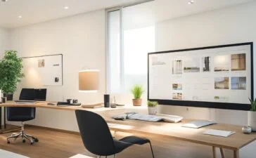 Ein lichtdurchflutetes, modernes Büro mit einem fokussierten Webdesigner, der vor mehreren großformatigen Bildschirmen voller klar strukturierter, responsiver Webseiten arbeitet, umgeben von warmen Holzmöbeln und sanftem Tageslicht, das eine Atmosphäre von Innovation, Präzision und technischer Meisterschaft schafft.
