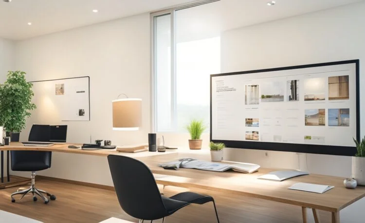 Ein lichtdurchflutetes, modernes Büro mit einem fokussierten Webdesigner, der vor mehreren großformatigen Bildschirmen voller klar strukturierter, responsiver Webseiten arbeitet, umgeben von warmen Holzmöbeln und sanftem Tageslicht, das eine Atmosphäre von Innovation, Präzision und technischer Meisterschaft schafft.