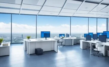 Ein lebhaftes, sonnenbeschienenes Büro mit freundlichen, konzentrierten Fachleuten unterschiedlicher Herkunft, die vor großen Bildschirmen an Datenzentren und Cloudsystemen arbeiten, während durch großzügige Fenster warmes Tageslicht den modernen Hightech-Arbeitsplatz in London erhellt und ein Gefühl von Fortschritt und Optimismus vermittelt.