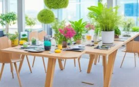 Ein sonnendurchfluteter Schreibtisch mit modernen Smartphones, auf denen lebendige Kameraoberflächen und elegante Designs glänzen, umgeben von Pflanzen und warmem Holz, vermittelt Innovation, Nachhaltigkeit und zukunftsweisende Technik in einem hellen, einladenden Ambiente.