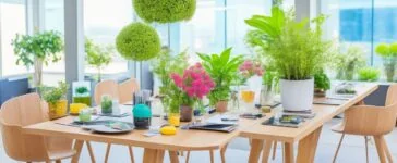 Ein sonnendurchfluteter Schreibtisch mit modernen Smartphones, auf denen lebendige Kameraoberflächen und elegante Designs glänzen, umgeben von Pflanzen und warmem Holz, vermittelt Innovation, Nachhaltigkeit und zukunftsweisende Technik in einem hellen, einladenden Ambiente.