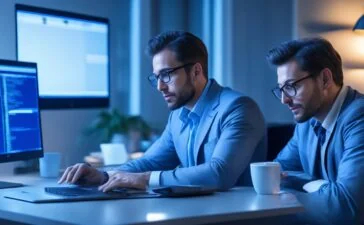 Ein heller, modern eingerichteter Arbeitsbereich mit einem entspannten Entwickler, der konzentriert auf einem Laptop Sicherheitsanalysen durchführt, umgeben von sanftem Tageslicht und warmen Holzakzenten, die eine vertrauensvolle und produktive Atmosphäre schaffen.