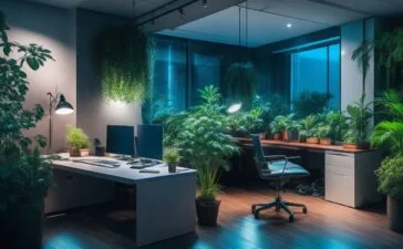 Ein hell erleuchtetes, modernes Büro mit engagierten Mitarbeitenden mittlerer Größe, die in freundlicher Atmosphäre konzentriert an Laptops arbeiten, umgeben von Pflanzen und warmem Tageslicht, das eine Balance aus Professionalität und menschlicher Nähe vermittelt – Sinnbild für den herausfordernden, aber wichtigen Umgang kleiner Unternehmen mit Datenschutzvorgaben.