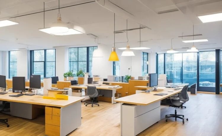 Ein warm beleuchtetes, modernes Büro mit einem konzentrierten Mitarbeiter vor mehreren Bildschirmen, die Daten und Online-Shopping-Statistiken in natürlichem Tageslicht zeigen – Sinnbild für die KI-gesteuerte dynamische Preisgestaltung im E-Commerce.