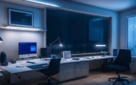 Ein modernes, hell erleuchtetes Büro mit warmem Tageslicht, in dem ein entspannter Investor am Laptop konzentriert komplexe Börsendaten und KI-gestützte Analysen studiert, während natürliche Reflexionen auf minimalistischen Bildschirmen und eine mit Zimmerpflanzen verzierte Arbeitsumgebung für eine freundliche, einladende Atmosphäre sorgen.
