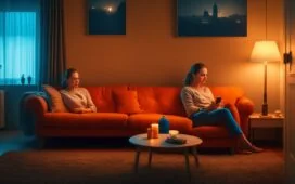 In einem hell erleuchteten, modernen Wohnzimmer sitzt eine nachdenkliche junge Frau entspannt mit einem Smartphone in der Hand, ihr Gesicht sanft von warmem Tageslicht umspielt, das eine subtile Atmosphäre emotionaler Verbundenheit und zugleich leiser Melancholie schafft.