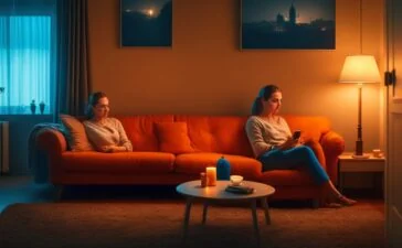 In einem hell erleuchteten, modernen Wohnzimmer sitzt eine nachdenkliche junge Frau entspannt mit einem Smartphone in der Hand, ihr Gesicht sanft von warmem Tageslicht umspielt, das eine subtile Atmosphäre emotionaler Verbundenheit und zugleich leiser Melancholie schafft.