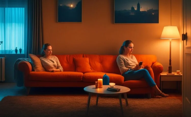 In einem hell erleuchteten, modernen Wohnzimmer sitzt eine nachdenkliche junge Frau entspannt mit einem Smartphone in der Hand, ihr Gesicht sanft von warmem Tageslicht umspielt, das eine subtile Atmosphäre emotionaler Verbundenheit und zugleich leiser Melancholie schafft.