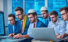 Ein modernes Entwicklerteam arbeitet konzentriert und herzlich zusammen an hell erleuchteten Arbeitsplatzplätzen mit großen Fenstern, umgeben von Laptops und Bildschirmen mit codeähnlichen Strukturen, während natürliche Sonnenstrahlen Wärme und Kreativität in den Raum bringen.