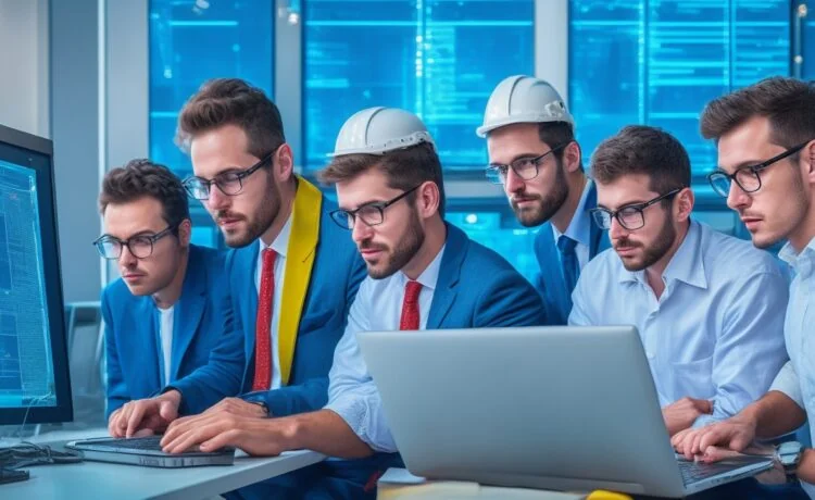 Ein modernes Entwicklerteam arbeitet konzentriert und herzlich zusammen an hell erleuchteten Arbeitsplatzplätzen mit großen Fenstern, umgeben von Laptops und Bildschirmen mit codeähnlichen Strukturen, während natürliche Sonnenstrahlen Wärme und Kreativität in den Raum bringen.