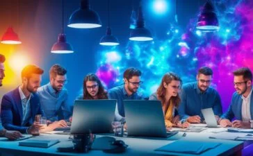 Ein hell erleuchteter, moderner Arbeitsplatz mit einem vielfältigen Team, das in lebendiger Atmosphäre kreative Ideen auf großen, farbenfrohen Skizzenpapieren und digitalen Tablets austauscht und somit die inspirierende Energie digitalen Projektmanagements spürbar macht.