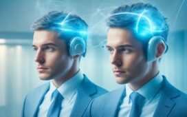 Ein heller, freundlich beleuchteter, moderner Arbeitsraum mit einer konzentrierten Person, die ein elegantes, futuristisches Brain-Computer-Interface-Headset trägt, umgeben von warmem Tageslicht und realistischen technischen Details, die Hoffnung, Fortschritt und die Verbindung von Mensch und Technologie emotional spürbar machen.