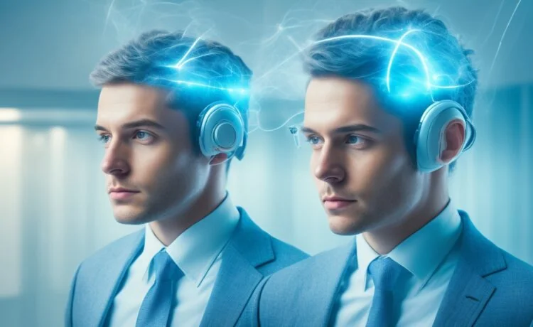 Ein heller, freundlich beleuchteter, moderner Arbeitsraum mit einer konzentrierten Person, die ein elegantes, futuristisches Brain-Computer-Interface-Headset trägt, umgeben von warmem Tageslicht und realistischen technischen Details, die Hoffnung, Fortschritt und die Verbindung von Mensch und Technologie emotional spürbar machen.