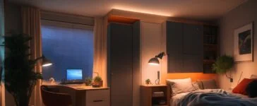 Ein warm beleuchtetes, modernes Heimarbeitszimmer mit einem entspannten Menschen, der konzentriert auf einem hellen Laptop Bildschirme mit Code und App-Symbolen betrachtet, umgeben von Technik-Gadgets und dezent natürlichem Tageslicht, das eine Atmosphäre von digitaler Neugier, Selbstbestimmung und kreativem Tüfteln vermittelt.