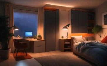 Ein warm beleuchtetes, modernes Heimarbeitszimmer mit einem entspannten Menschen, der konzentriert auf einem hellen Laptop Bildschirme mit Code und App-Symbolen betrachtet, umgeben von Technik-Gadgets und dezent natürlichem Tageslicht, das eine Atmosphäre von digitaler Neugier, Selbstbestimmung und kreativem Tüfteln vermittelt.