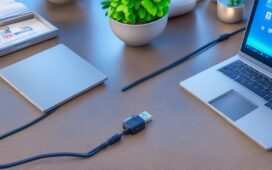 In einem hellen, modern eingerichteten Arbeitszimmer liegt ein silberglänzendes Laptop mit offenem USB-C-Anschluss neben einem eleganten Tablet, das mit einem magnetischen Smart Connector verbunden ist, während warmes Tageslicht sanft durch ein großes Fenster fällt und die glatten Oberflächen und fein gearbeiteten Details der Hightech-Geräte einladend betont.