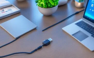 In einem hellen, modern eingerichteten Arbeitszimmer liegt ein silberglänzendes Laptop mit offenem USB-C-Anschluss neben einem eleganten Tablet, das mit einem magnetischen Smart Connector verbunden ist, während warmes Tageslicht sanft durch ein großes Fenster fällt und die glatten Oberflächen und fein gearbeiteten Details der Hightech-Geräte einladend betont.