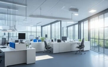 Ein lichtdurchflutetes, modernes Büro mit konzentrierten IT-Experten, die vor großen Bildschirmen mit komplexen Daten und Quantencomputern arbeiten, strahlt eine warme, einladende Atmosphäre aus, die technologische Innovation und kollaborative Zukunftssicherheit verbindet.