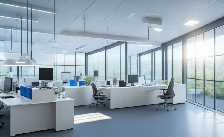 Ein lichtdurchflutetes, modernes Büro mit konzentrierten IT-Experten, die vor großen Bildschirmen mit komplexen Daten und Quantencomputern arbeiten, strahlt eine warme, einladende Atmosphäre aus, die technologische Innovation und kollaborative Zukunftssicherheit verbindet.