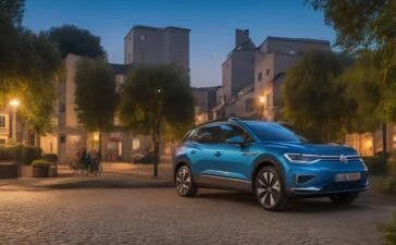 Ein strahlend sonnendurchflutetes Porträt des modernen VW ID.Cross, der vor einer urbanen Kulisse entspannt und einladend geparkt ist, wobei die klaren Linien des kompakten E-SUVs in warmem Tageslicht glänzen und eine freundliche, zukunftsweisende Atmosphäre für technikaffine Fahrer und Familien schaffen.