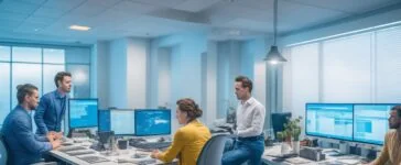 Ein strahlend helles, natürlich beleuchtetes Büro mit einem entspannten Team, das konzentriert an einem großen, modernen Bildschirm an klar strukturiertem Code arbeitet, während warme Sonnenstrahlen durch die Fenster fallen und eine freundliche, innovative Atmosphäre schaffen.