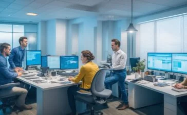 Ein strahlend helles, natürlich beleuchtetes Büro mit einem entspannten Team, das konzentriert an einem großen, modernen Bildschirm an klar strukturiertem Code arbeitet, während warme Sonnenstrahlen durch die Fenster fallen und eine freundliche, innovative Atmosphäre schaffen.