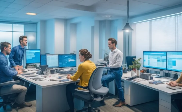 Ein strahlend helles, natürlich beleuchtetes Büro mit einem entspannten Team, das konzentriert an einem großen, modernen Bildschirm an klar strukturiertem Code arbeitet, während warme Sonnenstrahlen durch die Fenster fallen und eine freundliche, innovative Atmosphäre schaffen.