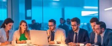 Ein dynamisches, natürlich beleuchtetes Bürosetting mit einem konzentrierten, lächelnden Team aus vielfältigen Fachkräften, das in warmer Morgenstimmung an einem modernen Arbeitsplatz lebhaft über Strategien und digitale Lösungen diskutiert und so den spannenden Wandel durch generative KI in Unternehmen lebendig spürbar macht.