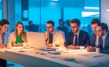 Ein dynamisches, natürlich beleuchtetes Bürosetting mit einem konzentrierten, lächelnden Team aus vielfältigen Fachkräften, das in warmer Morgenstimmung an einem modernen Arbeitsplatz lebhaft über Strategien und digitale Lösungen diskutiert und so den spannenden Wandel durch generative KI in Unternehmen lebendig spürbar macht.