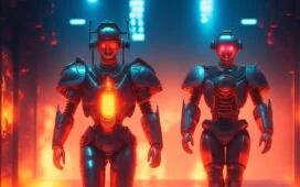 In einem hell erleuchteten, modernen Labor steht ein humanoider, futuristischer Roboter mit natürlich wirkender Haut und fein beweglichen Händen neben einem nachdenklich lächelnden Ingenieur, während warmes Tageslicht sanft durch große Fenster strömt und die komplexen Details von Technik und Mensch in einer harmonischen, optimistischen Atmosphäre verbindet.