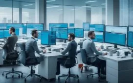 In einem modernen, lichtdurchfluteten Büro sitzen interdisziplinäre Teams aus Data Scientists, IT-Experten und Geschäftsführern gemeinsam konzentriert um einen großen Bildschirm, umgeben von Notizblöcken und digitalen Geräten, während warmes Sonnenlicht durch große Fenster fällt und eine Atmosphäre von Zuversicht, Zusammenarbeit und Innovationskraft schafft.