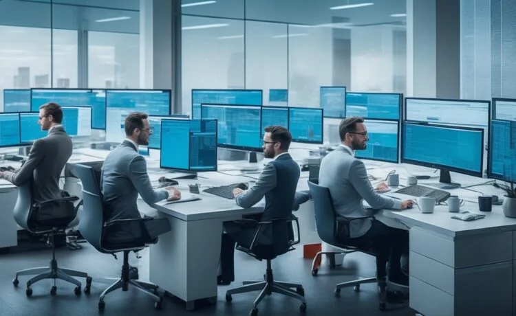 In einem modernen, lichtdurchfluteten Büro sitzen interdisziplinäre Teams aus Data Scientists, IT-Experten und Geschäftsführern gemeinsam konzentriert um einen großen Bildschirm, umgeben von Notizblöcken und digitalen Geräten, während warmes Sonnenlicht durch große Fenster fällt und eine Atmosphäre von Zuversicht, Zusammenarbeit und Innovationskraft schafft.
