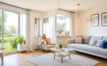 Ein sonnendurchflutetes modernes Wohnzimmer, in dem eine Person entspannt mit einem Tablet die smarte Wohnsteuerung via intuitiver Benutzeroberfläche nutzt – warme Holztöne, lebendige Grünpflanzen und natürliche Lichtreflexe schaffen eine einladende Atmosphäre, die Technik und behagliches Wohnen nahtlos verbindet.