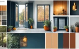 In einem hell erleuchteten, modernen Designstudio arbeiten konzentrierte Webdesigner gemeinsam an farbenfrohen Moodboards und variablen Schriftzügen auf großen Bildschirmen, während sanftes Tageslicht durch große Fenster fällt und eine warme, inspirierende Arbeitsatmosphäre schafft.