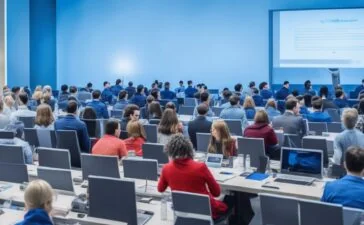 Ein hell erleuchteter, moderner Konferenzraum mit Menschen verschiedener Altersgruppen und Hintergründe, die entspannt und konzentriert vor Laptops und Tablets zusammenarbeiten, während warme Sonnenstrahlen durch große Fenster sanft ihre Gesichter und Notizen beleuchten, und so die harmonische Partnerschaft von Mensch und KI bei verantwortungsvollen Entscheidungen symbolisieren.