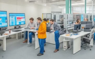 Strahlendes, warm beleuchtetes Lernzentrum mit modernen digitalen Arbeitsplätzen, lebhaften Menschen unterschiedlichen Alters, die gemeinsam an Tablets und Laptops arbeiten, umgeben von Glasfaserkabeln, WLAN-Routern und einem offenen, hellen Raumdesign, das Innovation und vernetzte Bildung in der urbanen Bibliothekswelt Berlins sichtbar macht.