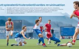 Ein sonnendurchflutetes Sportlabor mit konzentrierten Trainern und Datenanalysten, die an Bildschirmen komplexe KI-gestützte Spielsimulationen und taktische Auswertungen verfolgen, um den modernen Profisport innovativ und menschlich zu gestalten.