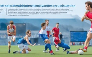 Ein sonnendurchflutetes Sportlabor mit konzentrierten Trainern und Datenanalysten, die an Bildschirmen komplexe KI-gestützte Spielsimulationen und taktische Auswertungen verfolgen, um den modernen Profisport innovativ und menschlich zu gestalten.