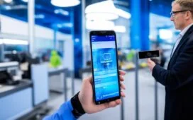 Ein heller, lebendiger Arbeitsbereich mit einem Android-Smartphone in der Hand eines lächelnden Entwicklers, umgeben von natürlichem Tageslicht und modernen technischen Geräten, die eine Atmosphäre von innovation, sicherheit und digitalem Fortschritt vermitteln.
