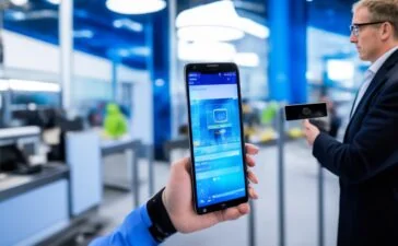 Ein heller, lebendiger Arbeitsbereich mit einem Android-Smartphone in der Hand eines lächelnden Entwicklers, umgeben von natürlichem Tageslicht und modernen technischen Geräten, die eine Atmosphäre von innovation, sicherheit und digitalem Fortschritt vermitteln.