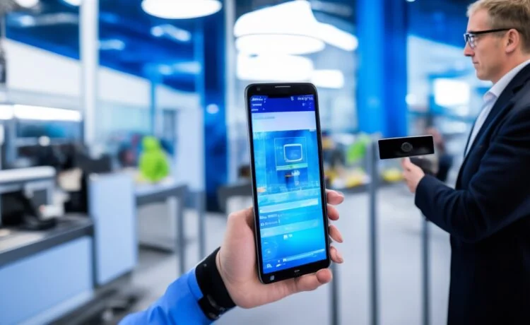 Ein heller, lebendiger Arbeitsbereich mit einem Android-Smartphone in der Hand eines lächelnden Entwicklers, umgeben von natürlichem Tageslicht und modernen technischen Geräten, die eine Atmosphäre von innovation, sicherheit und digitalem Fortschritt vermitteln.