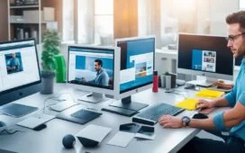 Ein strahlend heller, modern eingerichteter Arbeitsplatz mit einem fokussierten Entwickler, umgeben von mehreren Bildschirmen, auf denen komplexe Programmiercodes und Grafikdarstellungen zu sehen sind, während warmes Tageslicht durch große Fenster fällt und eine inspirierende Atmosphäre für innovative Webtechnologien schafft.